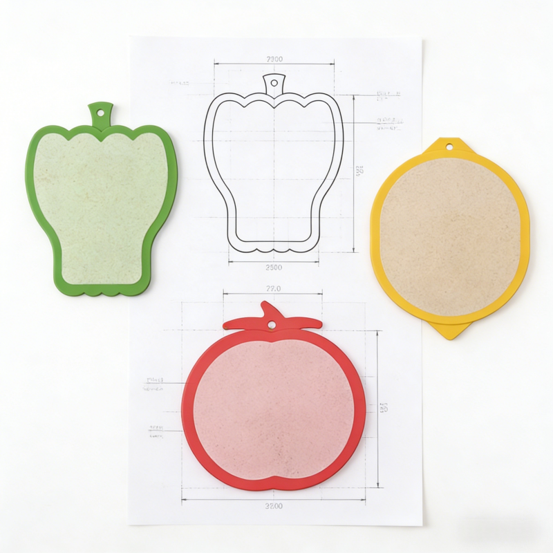 customized wheat straw cutting board set – 3-piece fruit and vegetable shapes (bell pepper, lemon, tomato) with size diagram, cute design for kids’ food prep and gift sets
